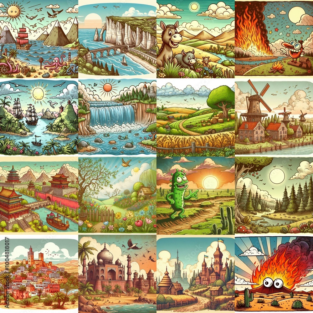 Funny cartoon landscapes. AI generated illustration Funny cartoon landscapes. AI generated illustration