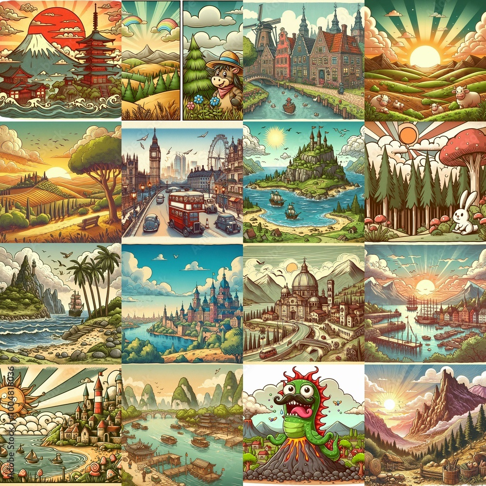 Funny cartoon landscapes. AI generated illustration Funny cartoon landscapes. AI generated illustration