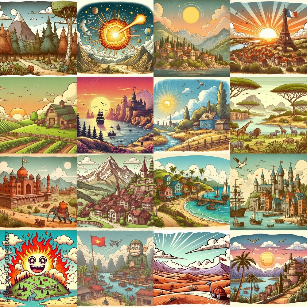 Funny cartoon landscapes. AI generated illustration Funny cartoon landscapes. AI generated illustration