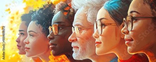 Diverse faces in profile, showcasing a rich tapestry of age, gender, and ethnicity against a vibrant backdrop.
