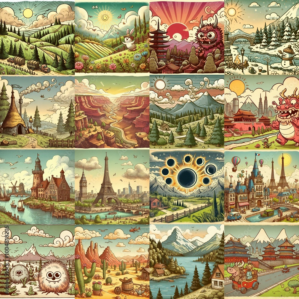 Funny cartoon landscapes. AI generated illustration Funny cartoon landscapes. AI generated illustration