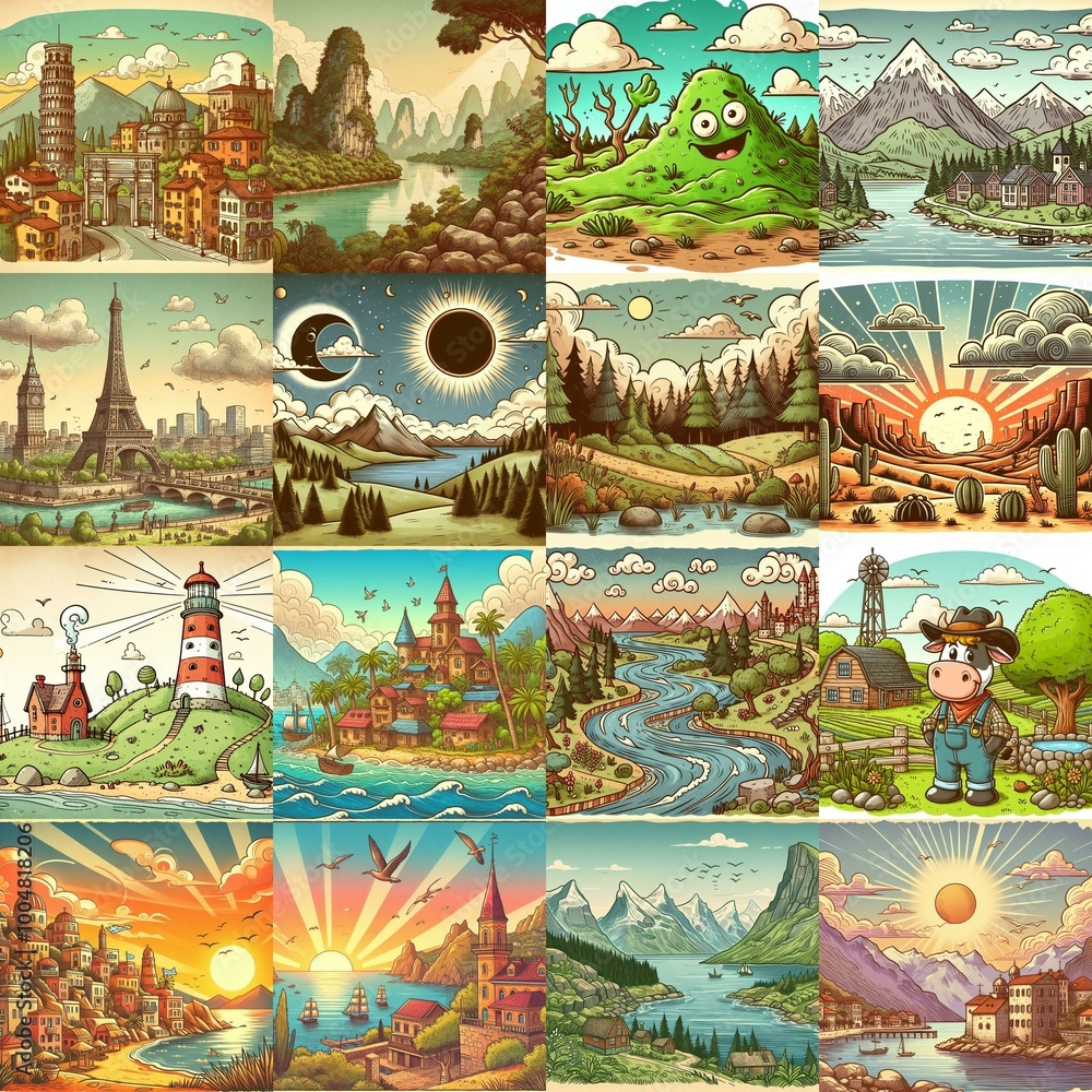 Funny cartoon landscapes. AI generated illustration Funny cartoon landscapes. AI generated illustration