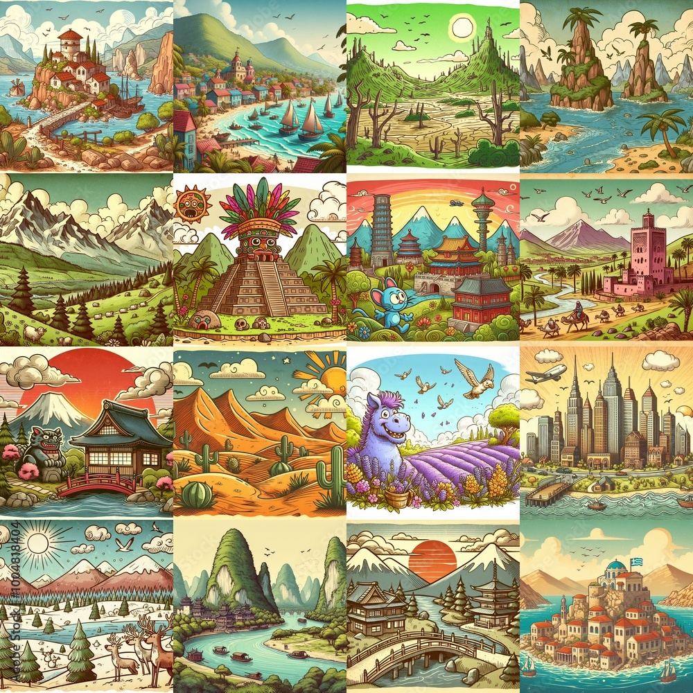 Obraz premium Funny cartoon landscapes. AI generated illustration