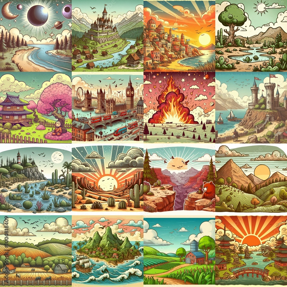 Funny cartoon landscapes. AI generated illustration Funny cartoon landscapes. AI generated illustration