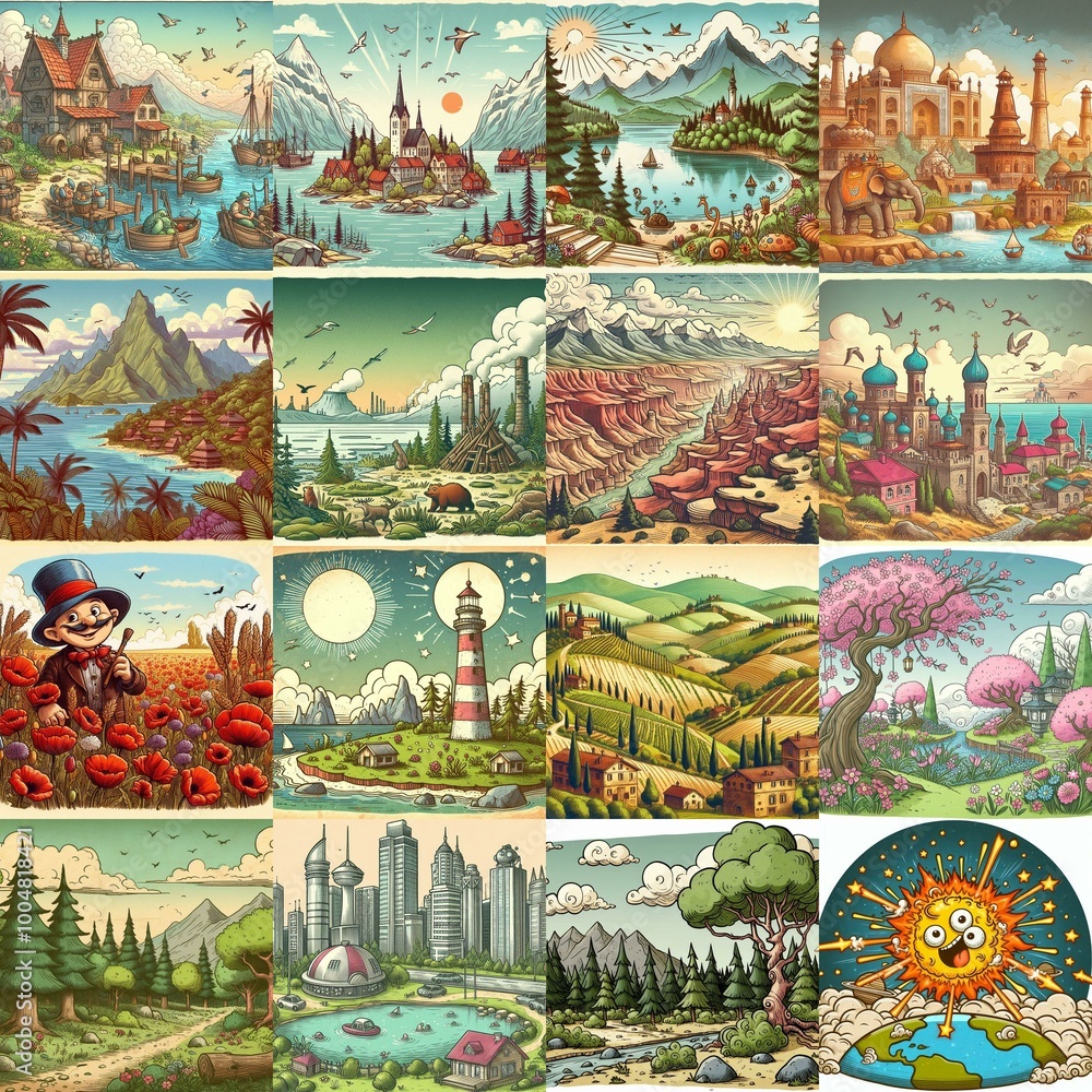Funny cartoon landscapes. AI generated illustration Funny cartoon landscapes. AI generated illustration