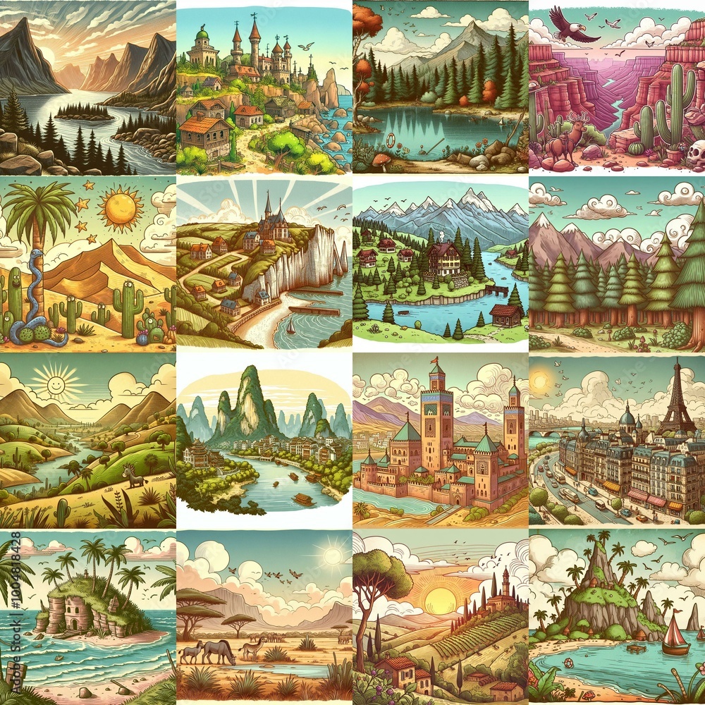 Funny cartoon landscapes. AI generated illustration Funny cartoon landscapes. AI generated illustration