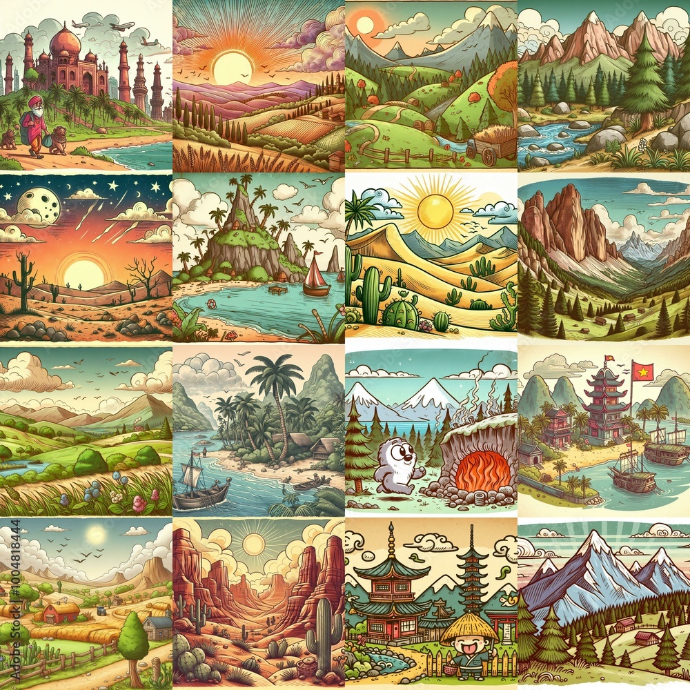 Funny cartoon landscapes. AI generated illustration Funny cartoon landscapes. AI generated illustration