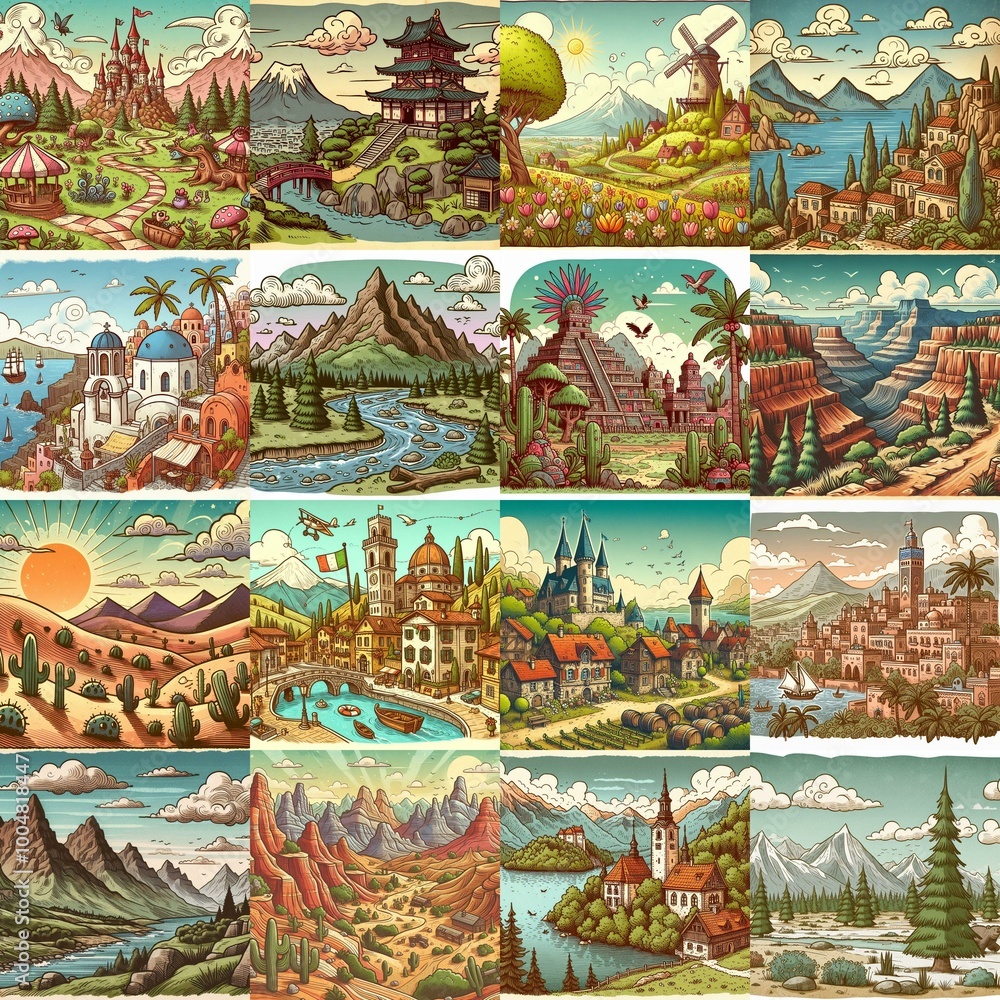 Funny cartoon landscapes. AI generated illustration Funny cartoon landscapes. AI generated illustration