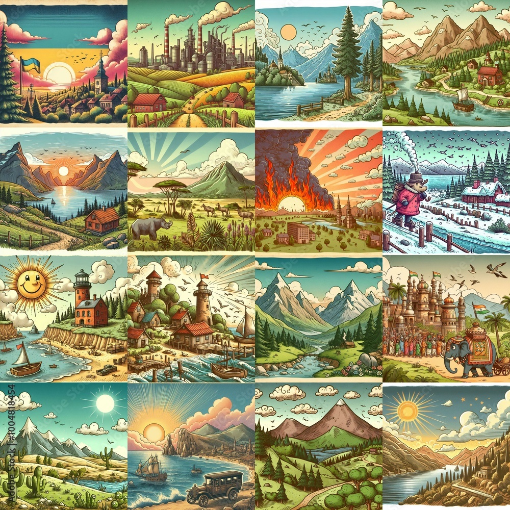 Funny cartoon landscapes. AI generated illustration Funny cartoon landscapes. AI generated illustration