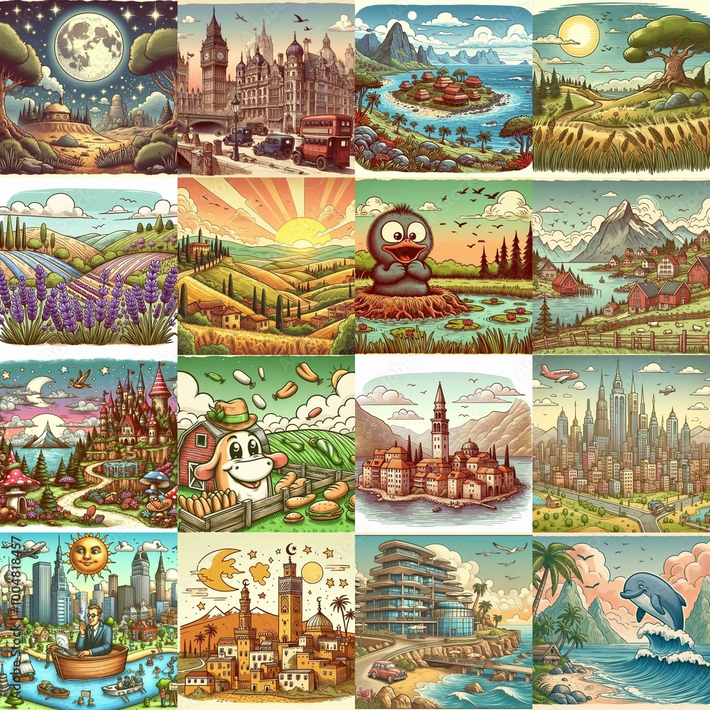 Funny cartoon landscapes. AI generated illustration Funny cartoon landscapes. AI generated illustration