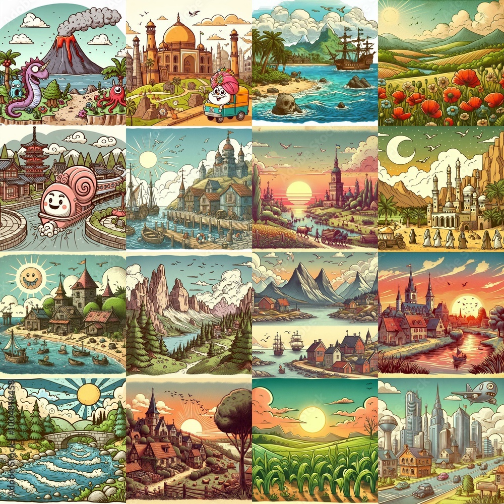 Funny cartoon landscapes. AI generated illustration Funny cartoon landscapes. AI generated illustration