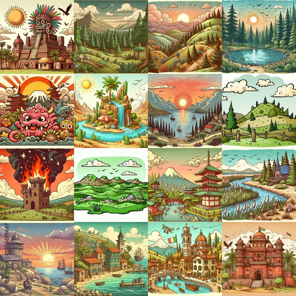 Funny cartoon landscapes. AI generated illustration Funny cartoon landscapes. AI generated illustration