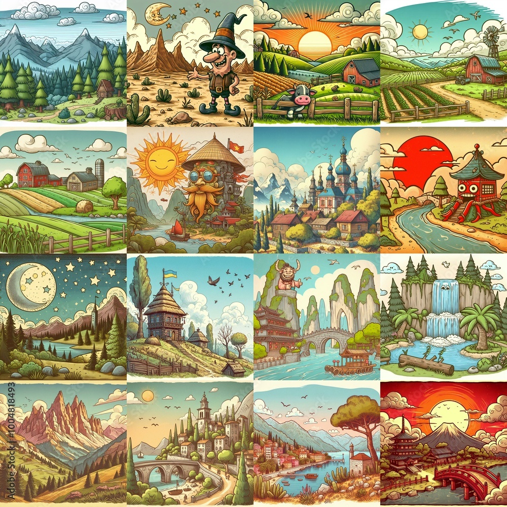 Funny cartoon landscapes. AI generated illustration Funny cartoon landscapes. AI generated illustration