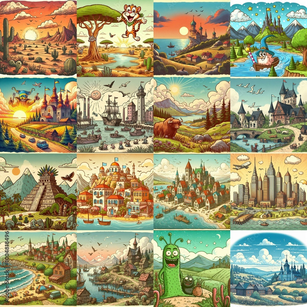 Funny cartoon landscapes. AI generated illustration Funny cartoon landscapes. AI generated illustration