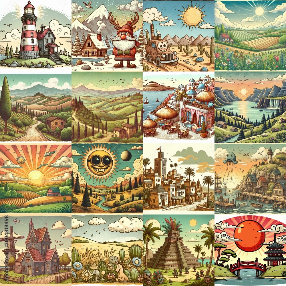 Funny cartoon landscapes. AI generated illustration Funny cartoon landscapes. AI generated illustration