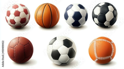 A set of seven sports balls soccer, basketball, baseball, and rugby ball, isolated on a white background.