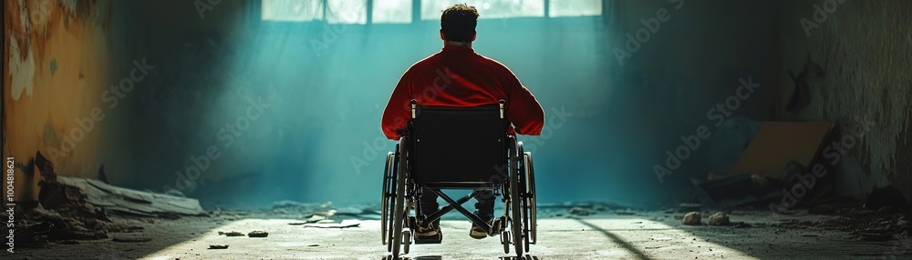 A person in a wheelchair sits in an abandoned, sunlit space, evoking feelings of solitude and resilience in a challenging environment. A person in a wheelchair sits in an abandoned, sunlit space, evoking feelings of solitude and resilience in a challenging environment.