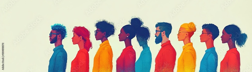 A vibrant illustration of diverse silhouettes arranged in a row, showcasing various hairstyles and colorful outfits. A vibrant illustration of diverse silhouettes arranged in a row, showcasing various hairstyles and colorful outfits.