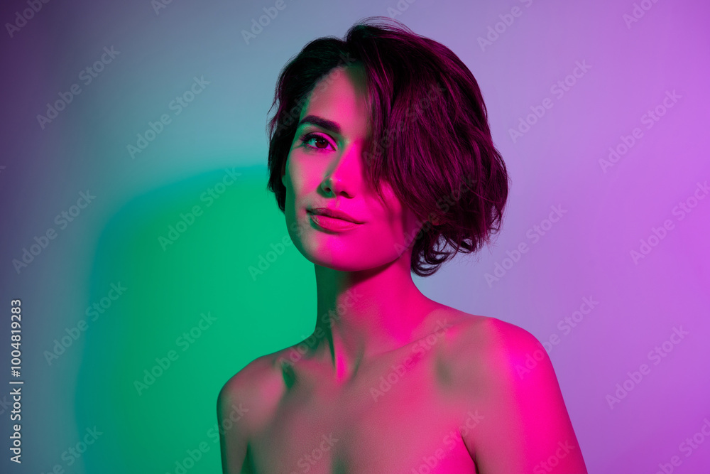Photo of pretty girl lady look in camera over gradient vivid neon multicolor background Photo of pretty girl lady look in camera over gradient vivid neon multicolor background