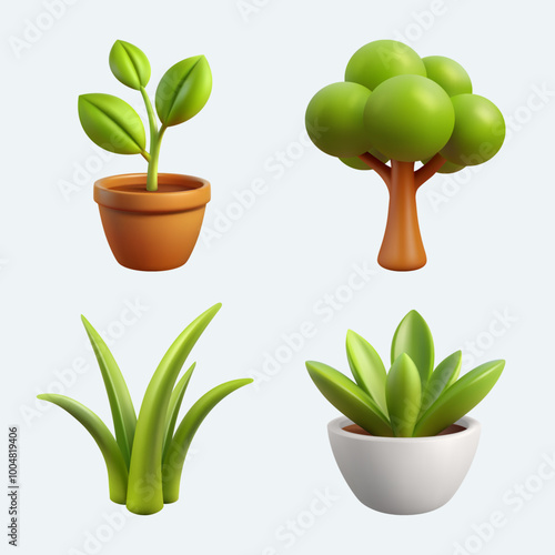 Potted houseplants, tree, grass in 3d cartoon style. Minimalistic design elements. Realistic vector set