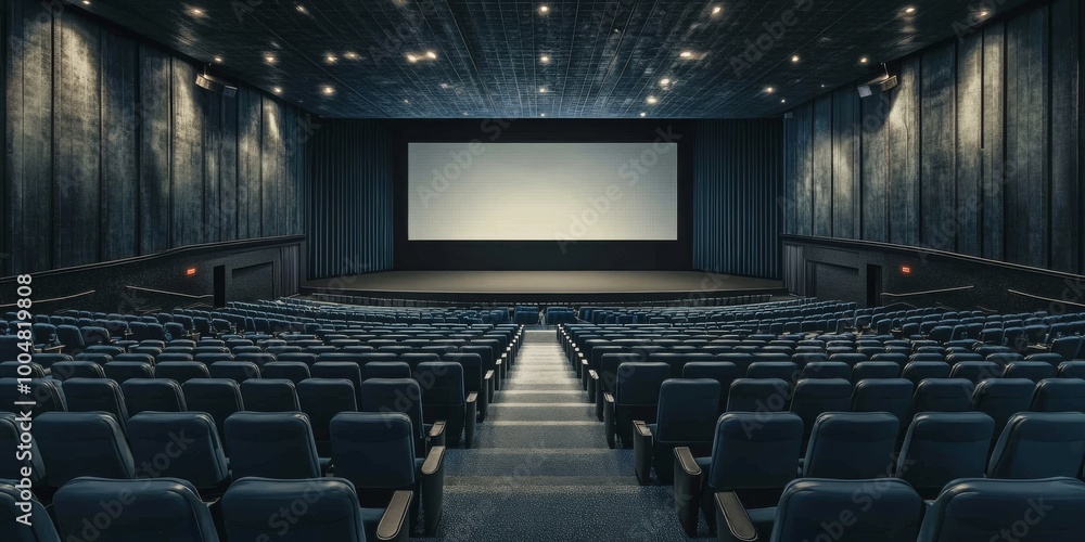 A spacious, dimly lit modern cinema theater featuring rows of empty black seats facing a large blank movie screen, creating a dramatic and immersive atmosphere.