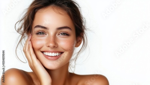 Woman smiling while touching her flawless glowy skin with copy space for your advertisement, skincare