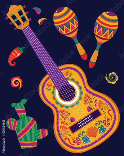 Mexican mariachi music instruments guitar and maracas. Day of the dead celebration 