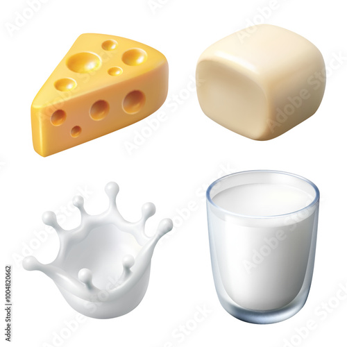Dairy products isolated on a white background. Glass of milk, splashes of milk, white and yellow cheese. Realistic 3d vector in cartoon style