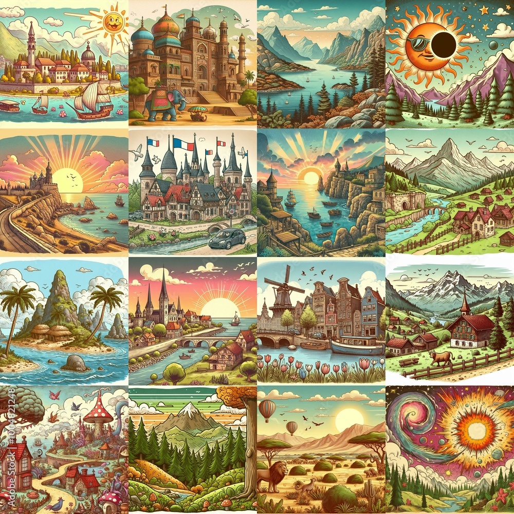 Funny cartoon landscapes. AI generated illustration Funny cartoon landscapes. AI generated illustration