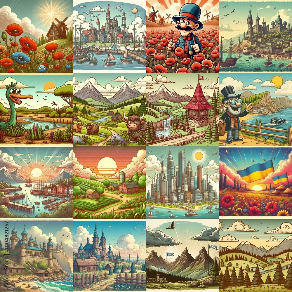 Funny cartoon landscapes. AI generated illustration Funny cartoon landscapes. AI generated illustration