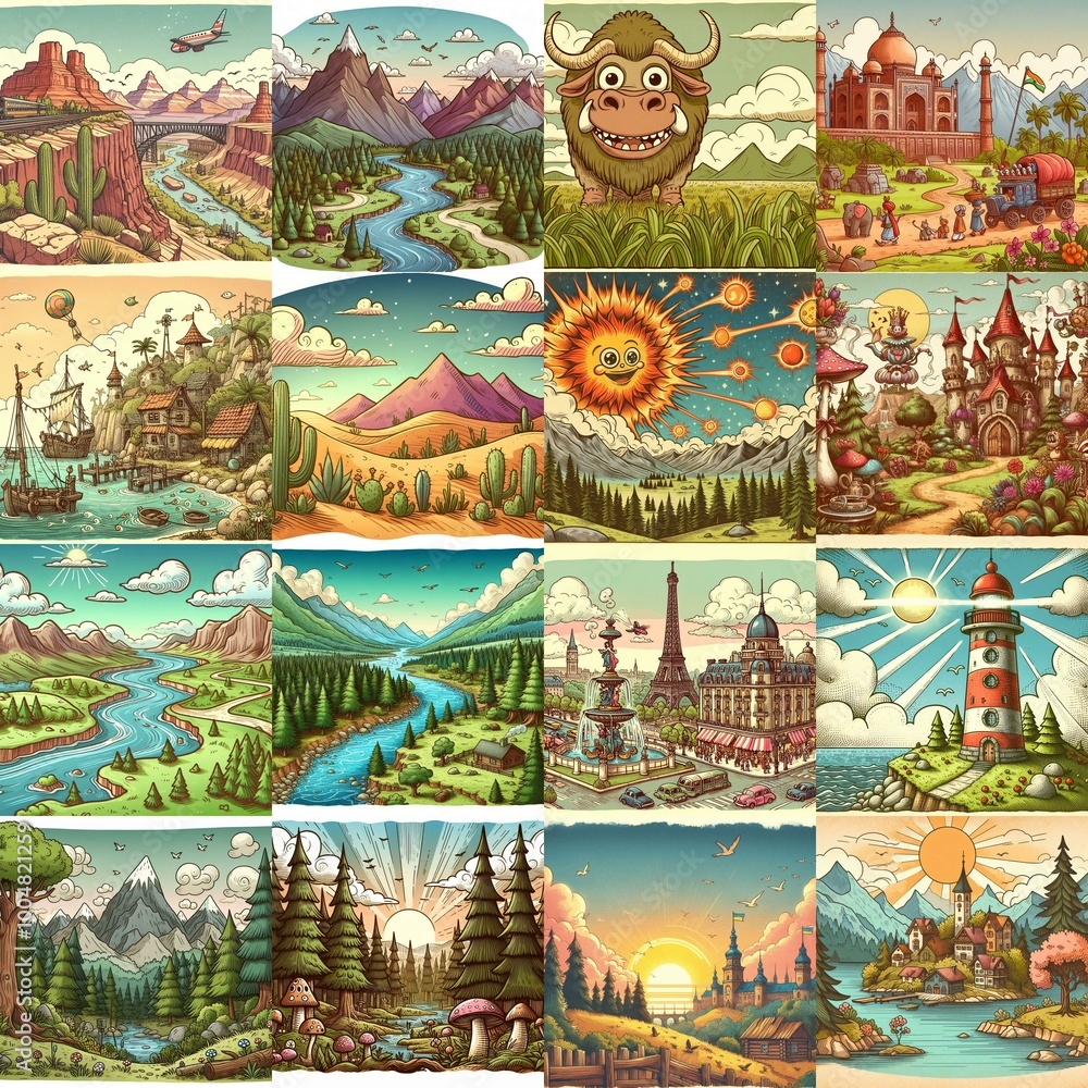 Funny cartoon landscapes. AI generated illustration Funny cartoon landscapes. AI generated illustration