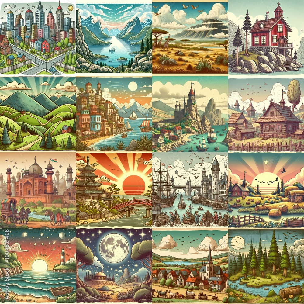 Funny cartoon landscapes. AI generated illustration Funny cartoon landscapes. AI generated illustration