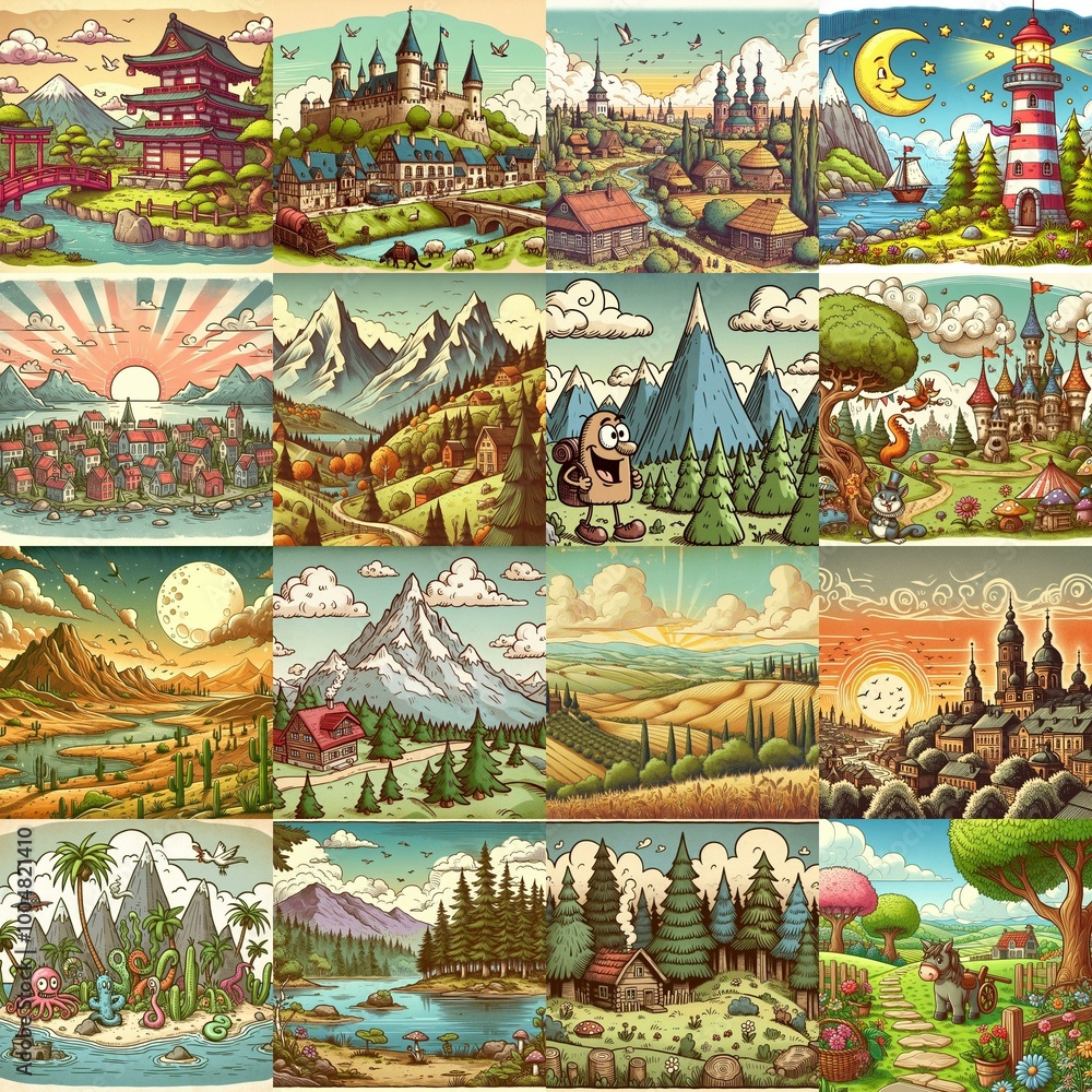 Funny cartoon landscapes. AI generated illustration Funny cartoon landscapes. AI generated illustration