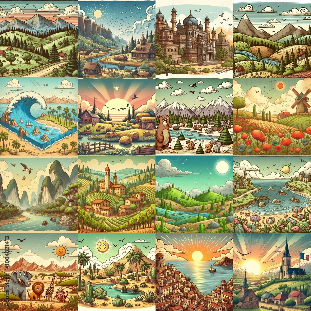 Funny cartoon landscapes. AI generated illustration Funny cartoon landscapes. AI generated illustration