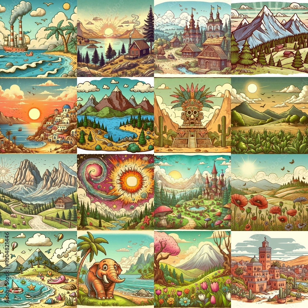 Funny cartoon landscapes. AI generated illustration Funny cartoon landscapes. AI generated illustration