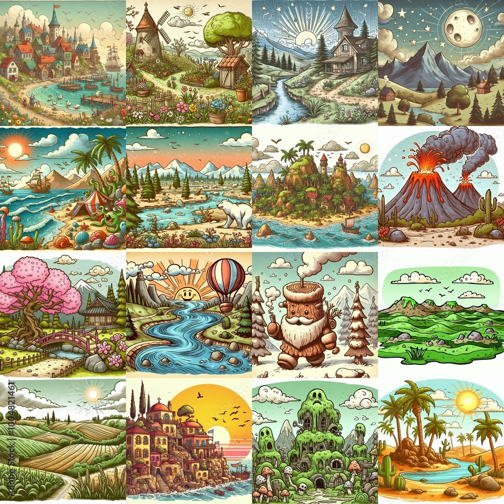 Funny cartoon landscapes. AI generated illustration Funny cartoon landscapes. AI generated illustration