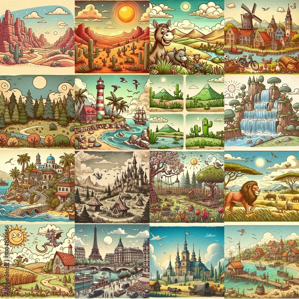 Funny cartoon landscapes. AI generated illustration Funny cartoon landscapes. AI generated illustration