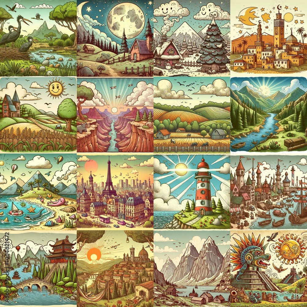 Funny cartoon landscapes. AI generated illustration Funny cartoon landscapes. AI generated illustration