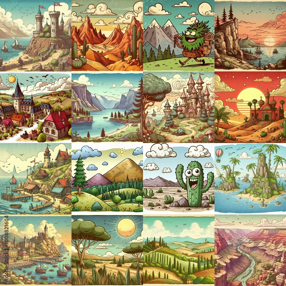 Funny cartoon landscapes. AI generated illustration Funny cartoon landscapes. AI generated illustration