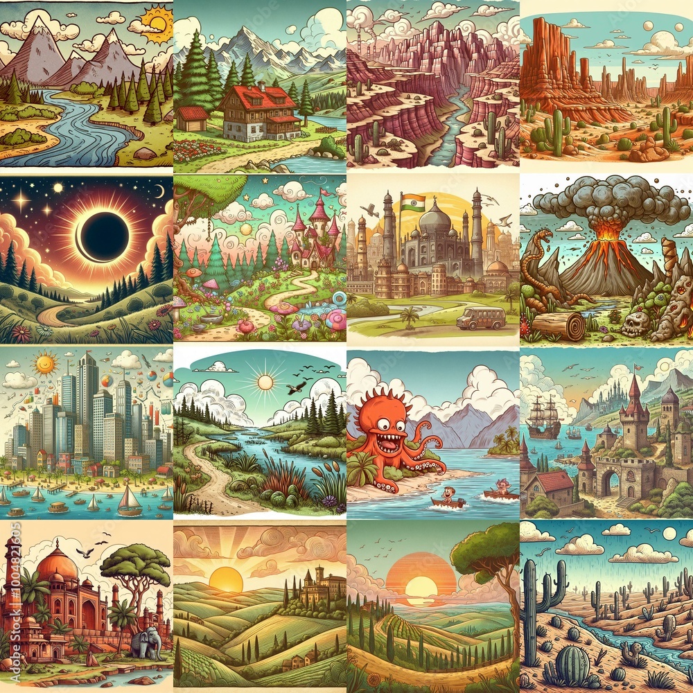 Funny cartoon landscapes. AI generated illustration Funny cartoon landscapes. AI generated illustration