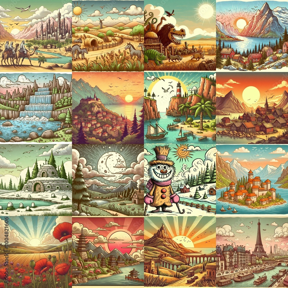 Funny cartoon landscapes. AI generated illustration Funny cartoon landscapes. AI generated illustration