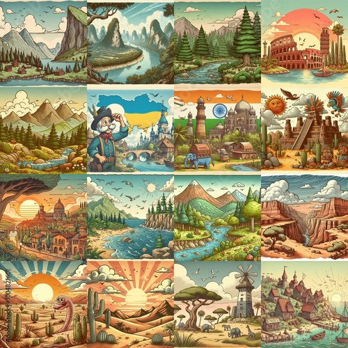 Funny cartoon landscapes. AI generated illustration