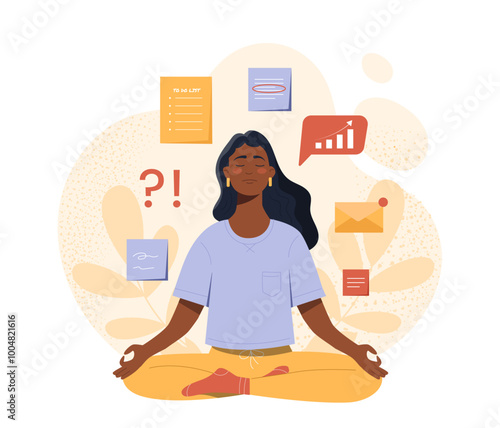 Businesswoman meditating concept. Young girl sitting in lotus position. Wellness and zen, wellbeing. Mental and psychological health. Flat vector illustration isolated on white background