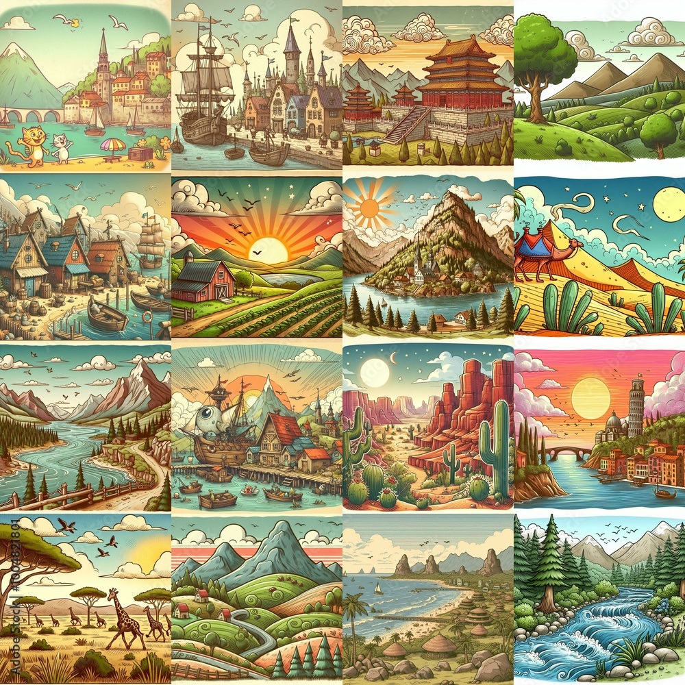 Funny cartoon landscapes. AI generated illustration Funny cartoon landscapes. AI generated illustration