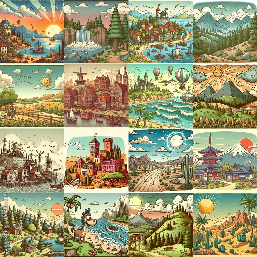 Funny cartoon landscapes. AI generated illustration Funny cartoon landscapes. AI generated illustration