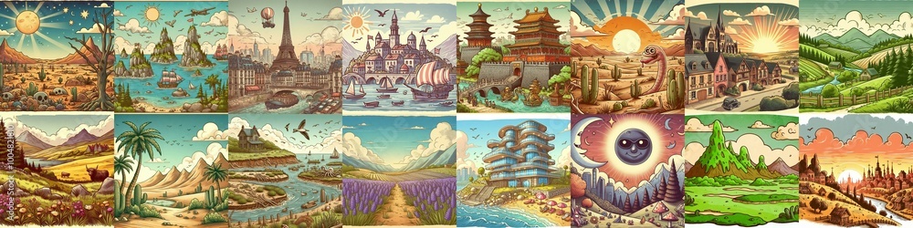 Funny cartoon landscapes. AI generated illustration Funny cartoon landscapes. AI generated illustration