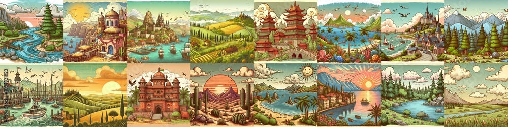 Funny cartoon landscapes. AI generated illustration Funny cartoon landscapes. AI generated illustration