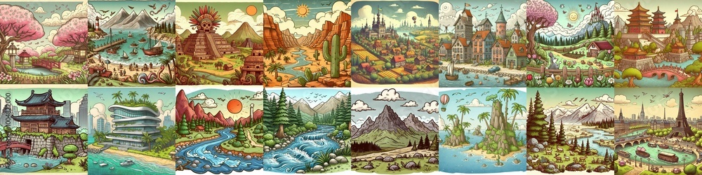 Funny cartoon landscapes. AI generated illustration Funny cartoon landscapes. AI generated illustration
