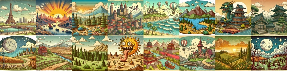 Funny cartoon landscapes. AI generated illustration Funny cartoon landscapes. AI generated illustration