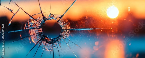 Cracked glass with sunset view, dramatic concept